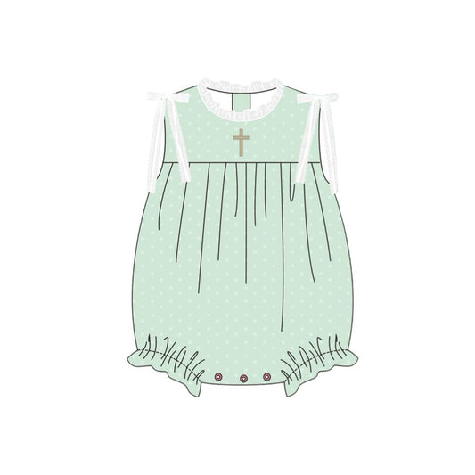 10.3 SR3270 Pre order No Moq Baby Girls Sleeveless Green Polka Dots Cross Easter Ruffle Rompers