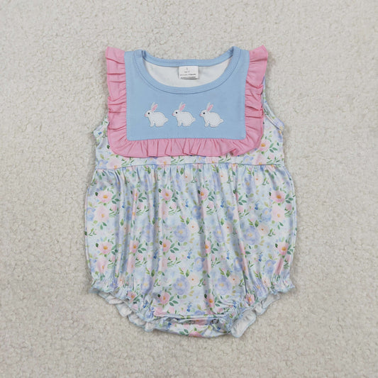 1.28 RTS NO MOQ （In stock）SR3271 Embroidery Rabbits Baby Girls Flowers Easter Ruffle Rompers