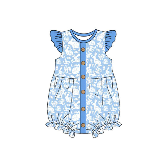 10.3 SR3272 Pre order No Moq Baby Girls Blue Flutter Sleeve Rabbits Flowers Easter Button Ruffle Rompers