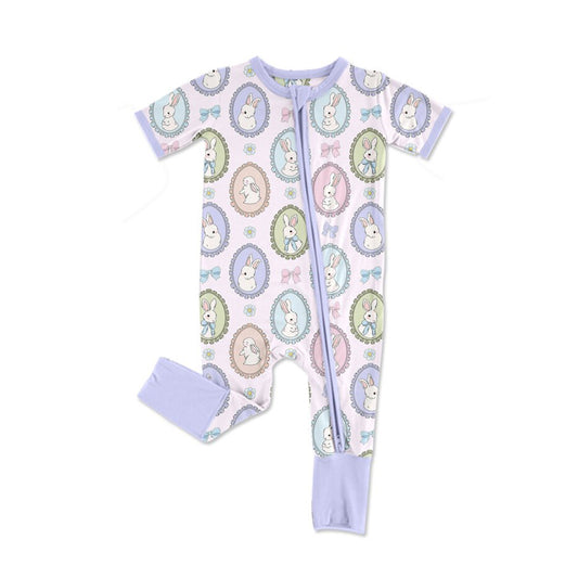 10.3 SR3274 Pre order No Moq Baby Girls Bows Rabbits Easter Flowers Checked Zipper Footie Rompers