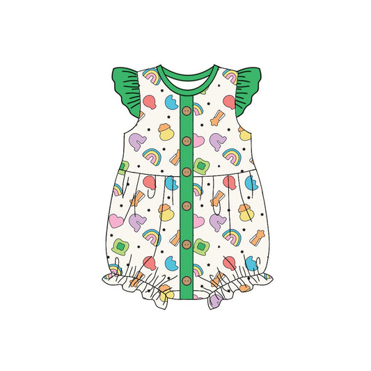 10.3 SR3275 Pre order No Moq Baby Girls Flutter Sleeve Clovers Rainbows St Patrick Button Ruffle Rompers