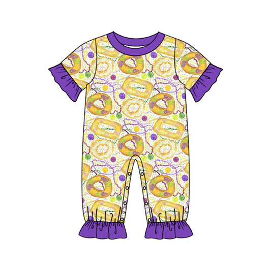 10.3 SR3276 Pre order No Moq Baby Girls Short Sleeve Mardigras Donuts Polka Dots Ruffle Footie Rompers