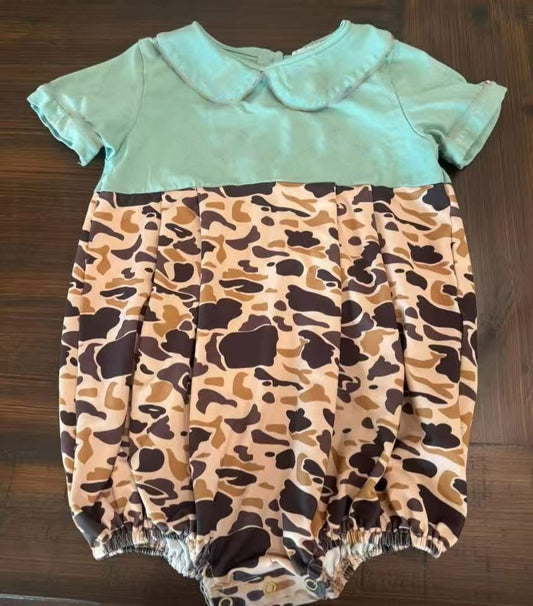 10.3 SR3277 Pre order No Moq Baby Girls Short Sleeve Brown Camo Ruffle Rompers