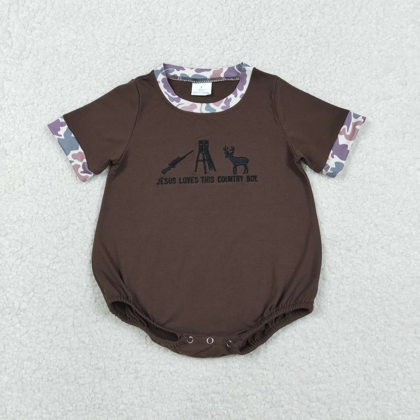 11.12 RTS NO MOQ （In stock）SR3280 Baby Boys Summer Rompers Embroidery Jesus Love Me Deer Baby Boys Hunting Rompers
