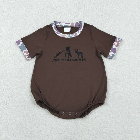 11.12 RTS NO MOQ （In stock）SR3280 Baby Boys Summer Rompers Embroidery Jesus Love Me Deer Baby Boys Hunting Rompers