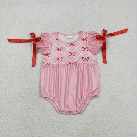 12.16 RTS NO MOQ （In stock）SR3285 Baby Girls Summer Rompers Baby Girls Red Bows Checked Bows Valentines Ruffle Rompers