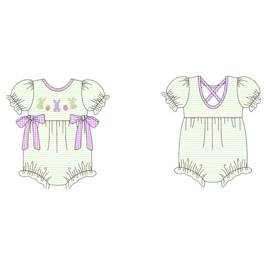 10.10 SR3287 Pre order No Moq Baby Girls Stripe Rabbits Eggs Bows Easter Ruffle Rompers