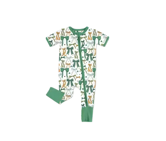10.10 SR3289 Pre order No Moq Baby Girls Bows Clovers Plaid St Patrick Zipper Footie Rompers