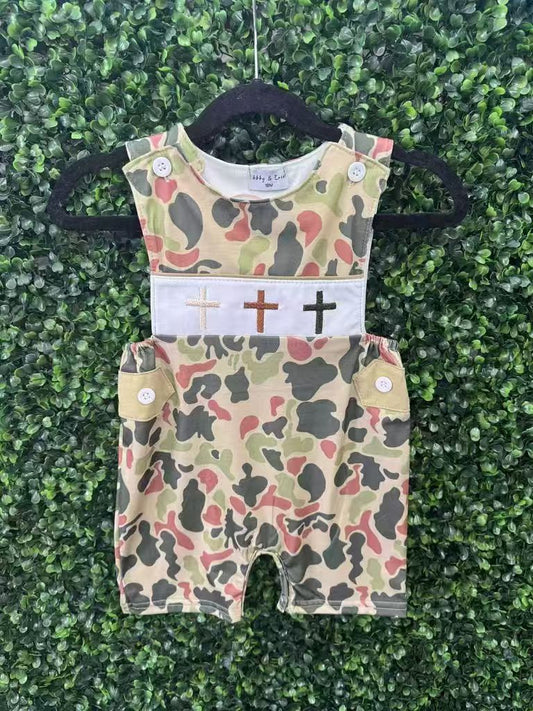 10.10 SR3290 Pre order No Moq Baby Boys Sleeveless Pockets Crosses Camo Easter Rompers