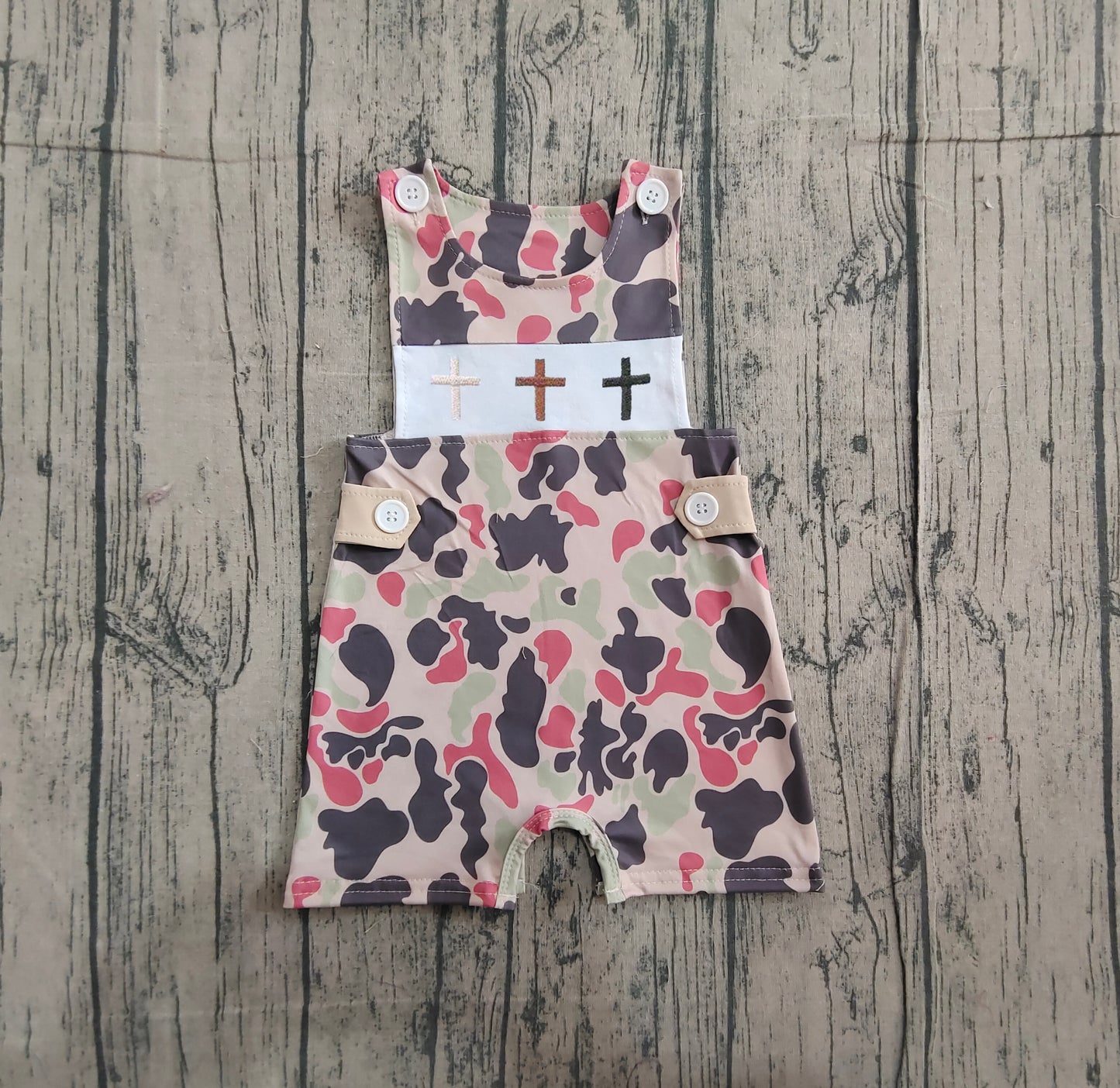 11.15 SR3290 Sample No Moq Embroidery Crosses Baby Boys Sleeveless Camo Easter Shorts Rompers