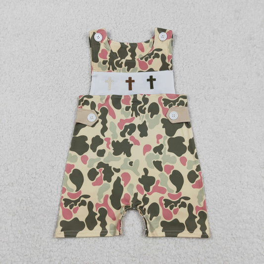 12.16 RTS NO MOQ （In stock）SR3290 Baby Boys Rompers Embroidery Crosses Baby Boys Camo Easter Shorts Rompers