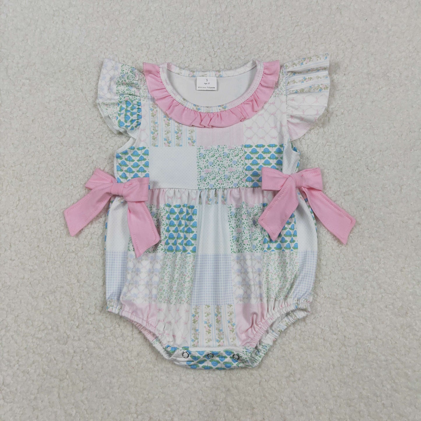 11.6 RTS NO MOQ （In stock）SR3293 Baby Boys Summer Rompers Baby Girls Bows Flowers Checked Bows Flutter Sleeve Ruffle Rompers