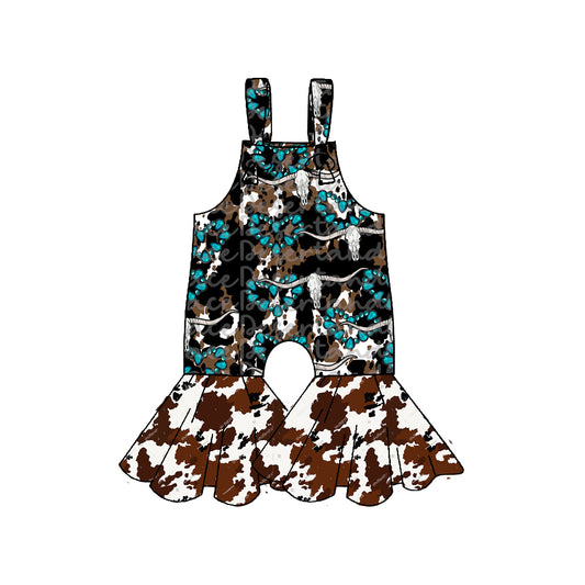 10.13 SR3301 Pre order No Moq Baby Girls Strap Bull Skulls Turquoises Bell Bottom Pants Western Jumpsuits