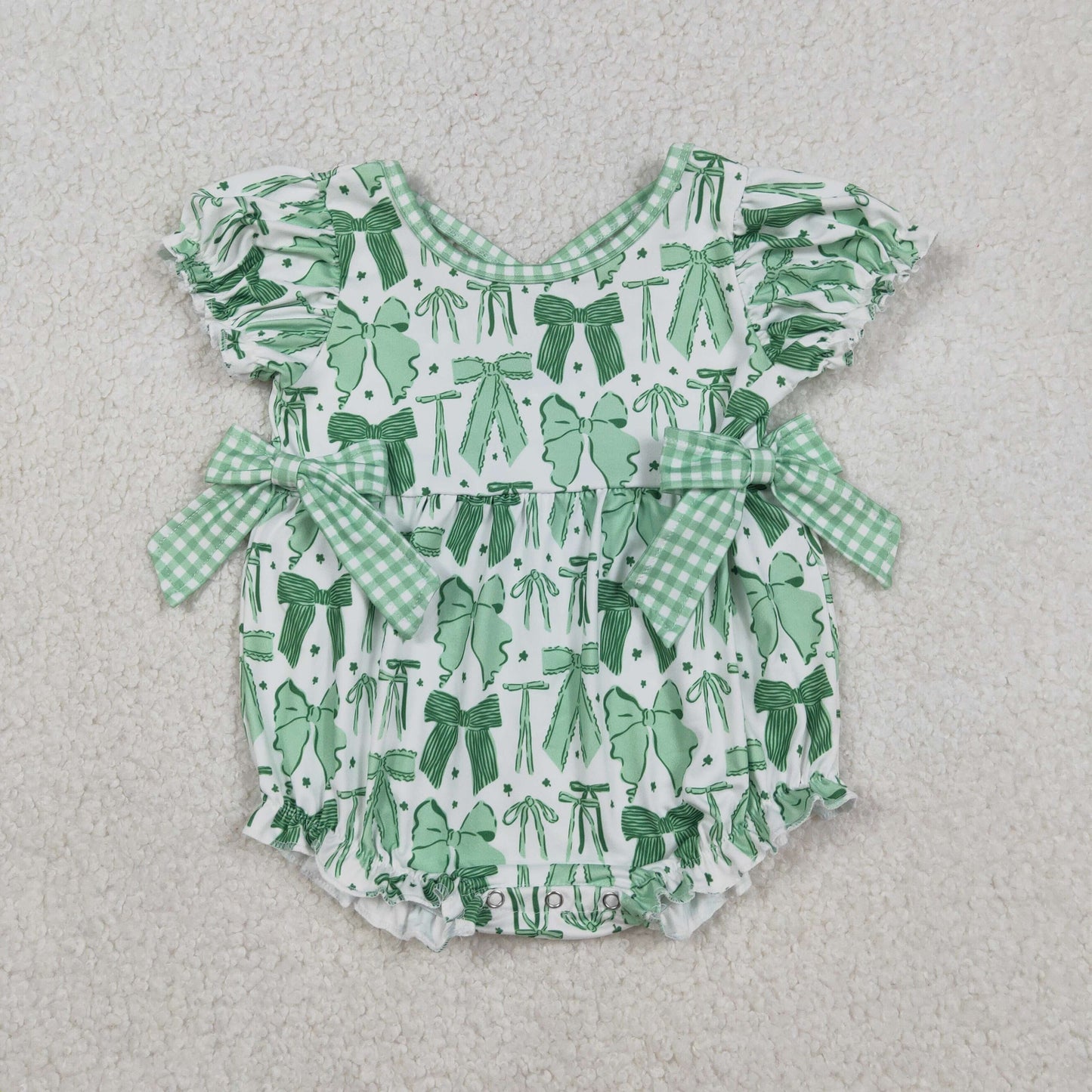 12.12 RTS NO MOQ （In stock）SR3305 Baby Girls Summer Rompers Baby Girls Green Clovers St Patrick Bows Ruffle Rompers