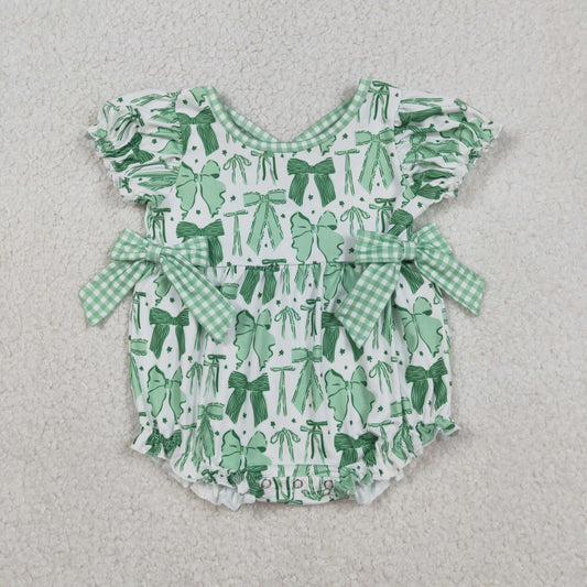 12.12 RTS NO MOQ （In stock）SR3305 Baby Girls Summer Rompers Baby Girls Green Clovers St Patrick Bows Ruffle Rompers