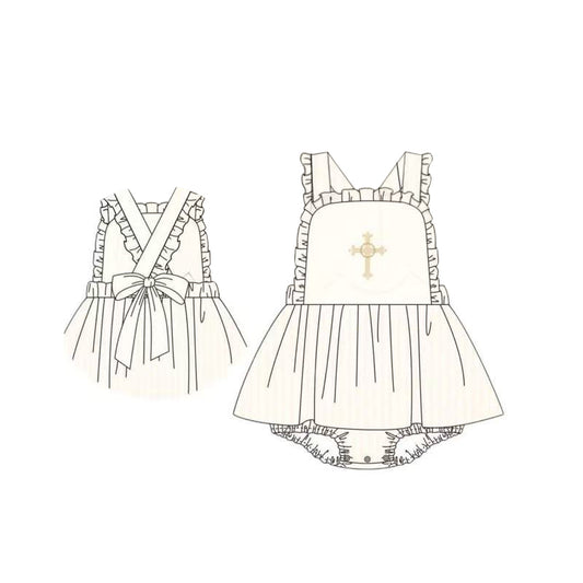 10.13 SR3306 Pre order No Moq Baby Girls Strap Cross Easter Back Bows Ruffle Bummies Rompers