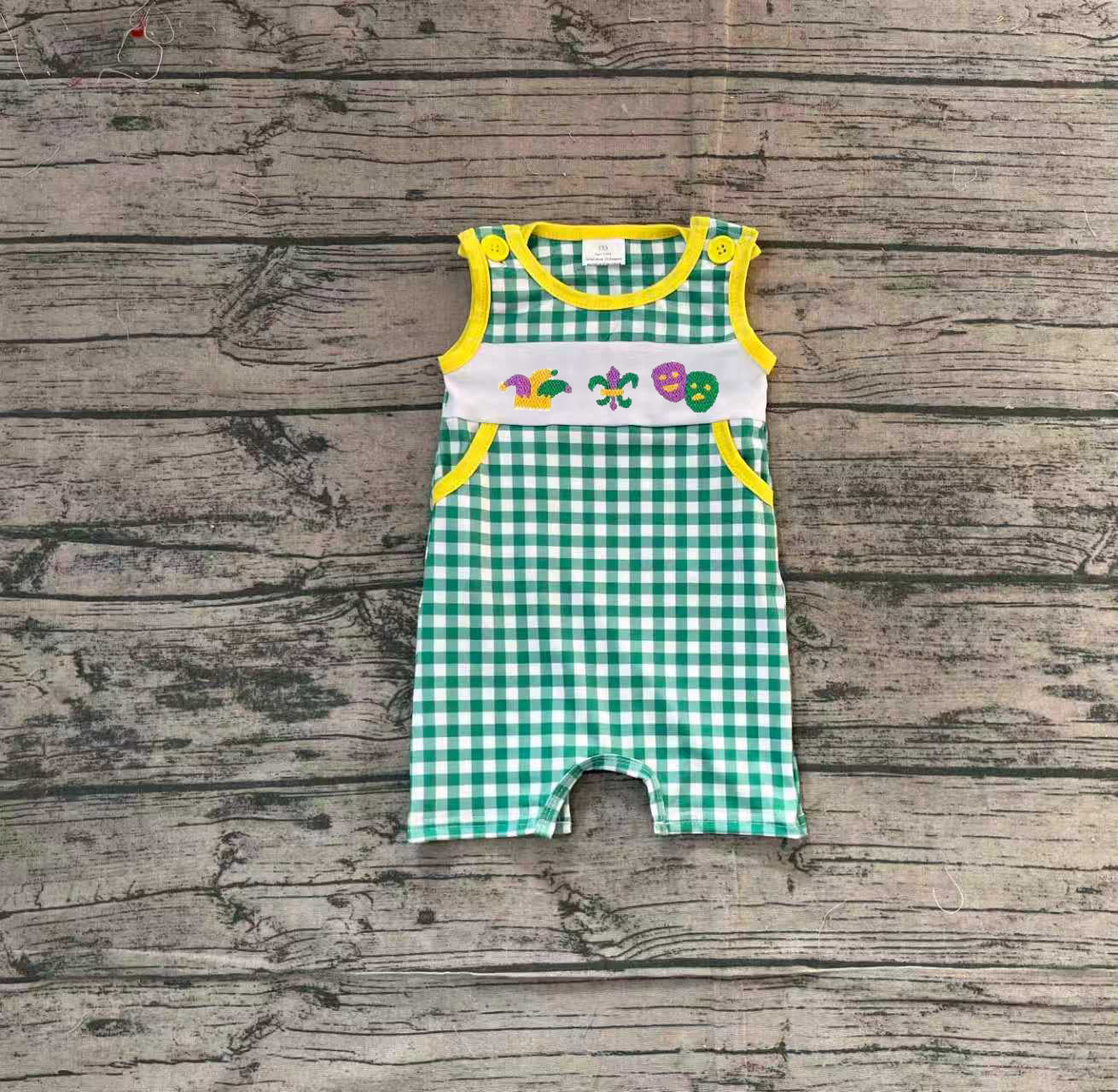11.14 SR3312 Sample No Moq Smocked Anchors Masks Baby Boys Green Checked Pockets Mardigras Rompers