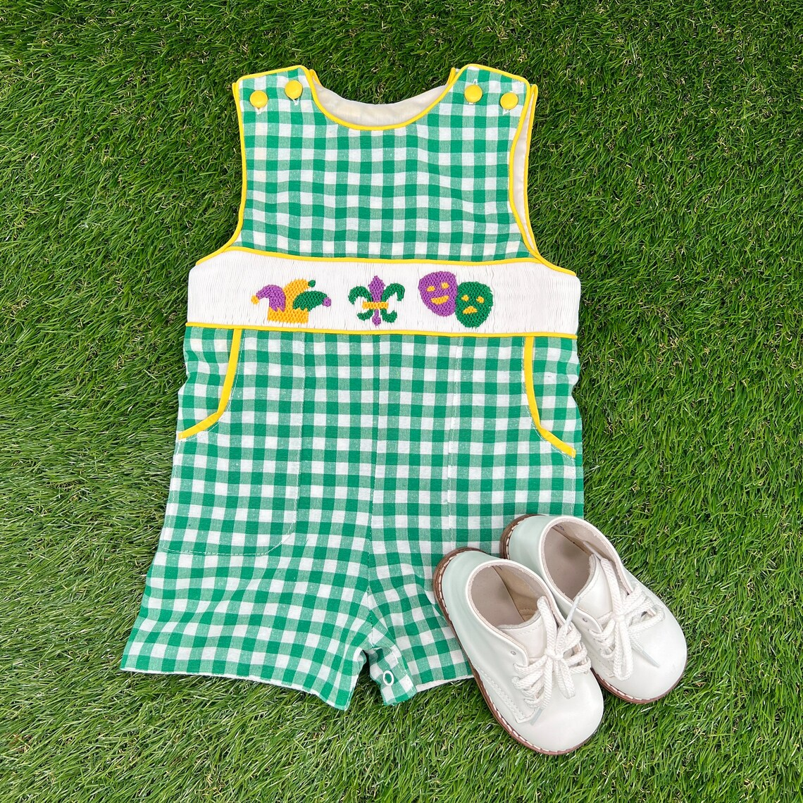 10.15 SR3312 Pre order No Moq Baby Boys Sleeveless Green Checked Anchors Pockets Mardigras Rompers