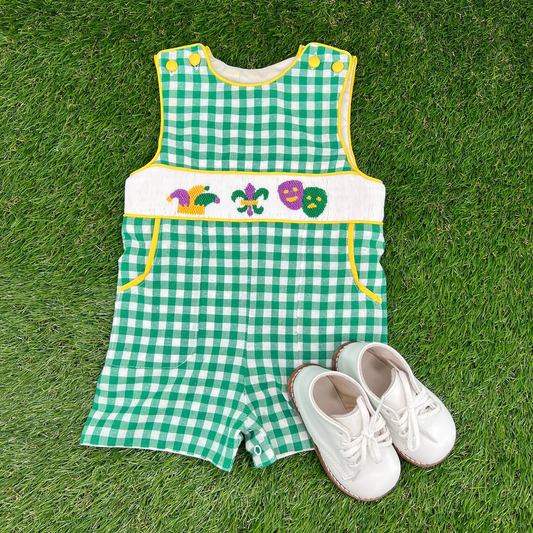 10.15 SR3312 Pre order No Moq Baby Boys Sleeveless Green Checked Anchors Pockets Mardigras Rompers