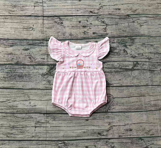 1.26 SR3314 Sample No Moq Embroidery Rabbits Eggs Baby Girls Pink Checked Easter Ruffle Rompers