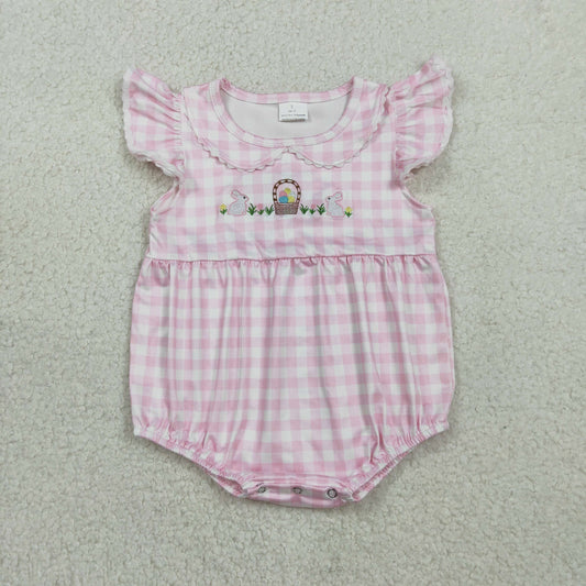 2.10 RTS NO MOQ （In stock）SR3314 Baby Girls Pink Checked Embroidery Rabbits Eggs Easter Ruffle Rompers