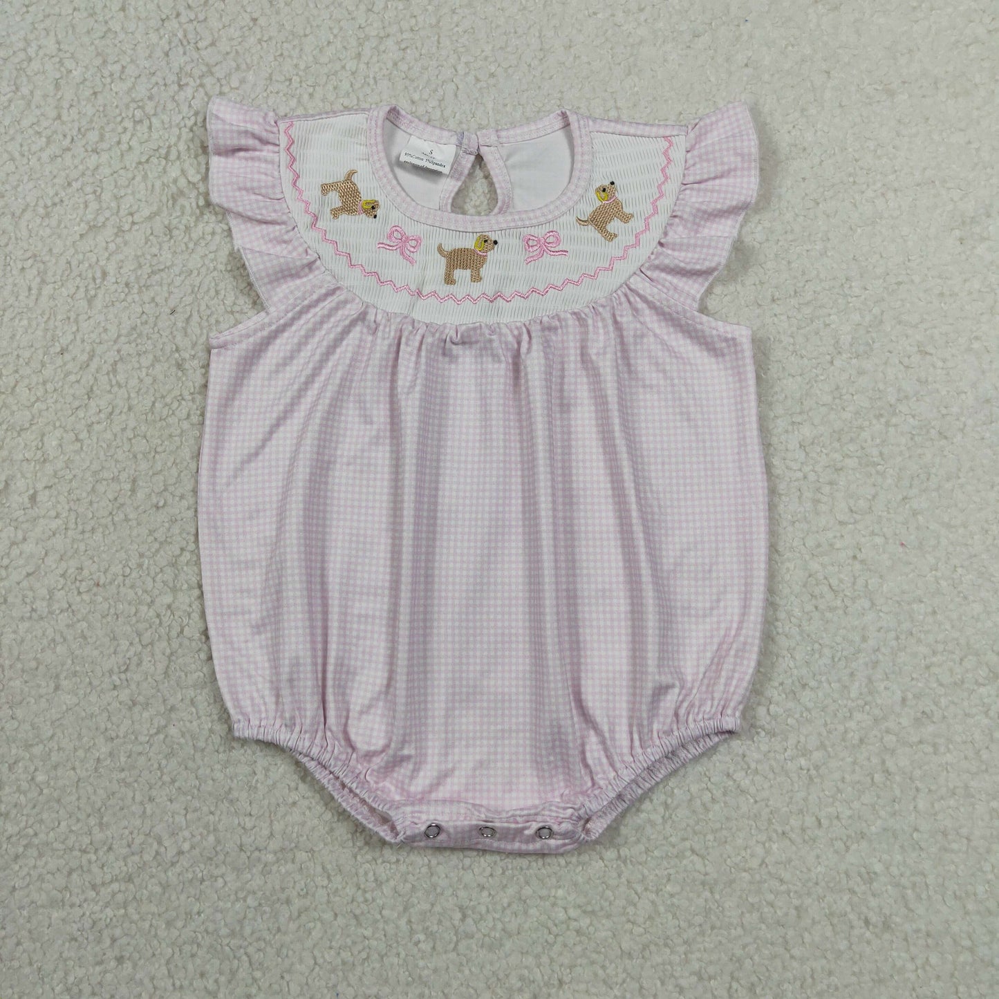 SR3316 RTS NO MOQ （In stock）Pink plaid flutter sleeves dog bow smocked baby girls romper