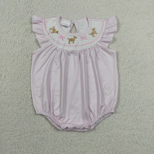 SR3316 RTS NO MOQ （In stock）Pink plaid flutter sleeves dog bow smocked baby girls romper