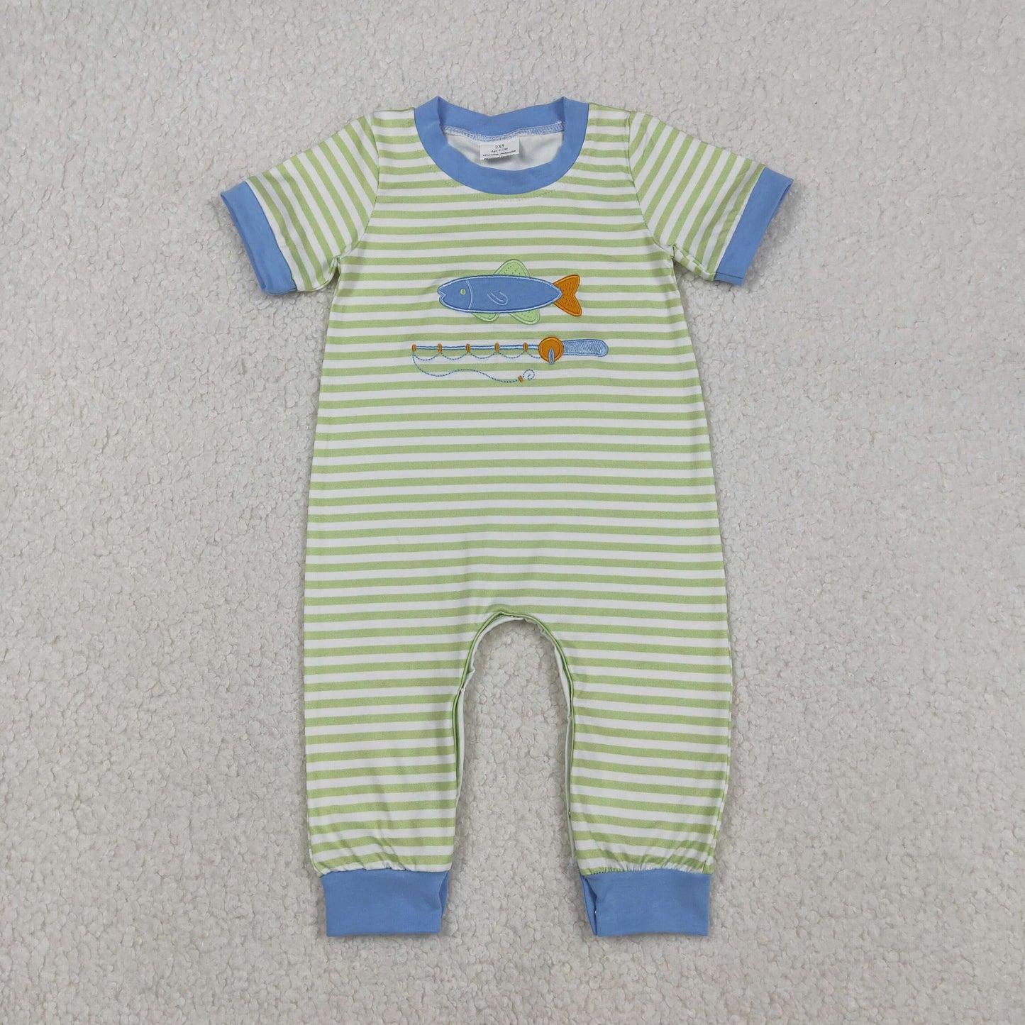 12.6 RTS NO MOQ （In stock）SR3329 Baby Boys Rompers Embroidery Fishing Baby Boys Stripe Hunting Footie Rompers