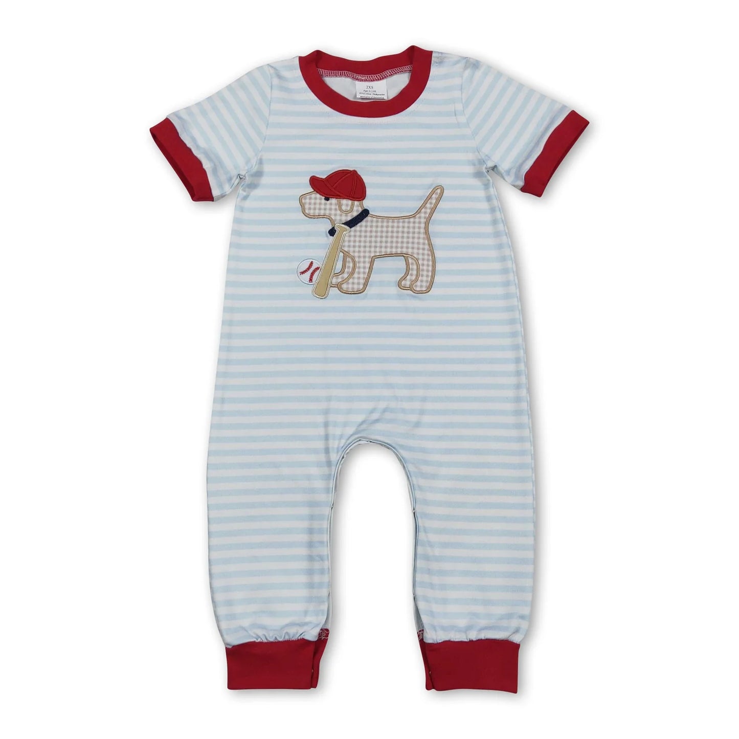 12.13 RTS Sibling Baby Boys Embroidery Baseball Dogs Stripe Pockets Pants Team Set Footie Rompers
