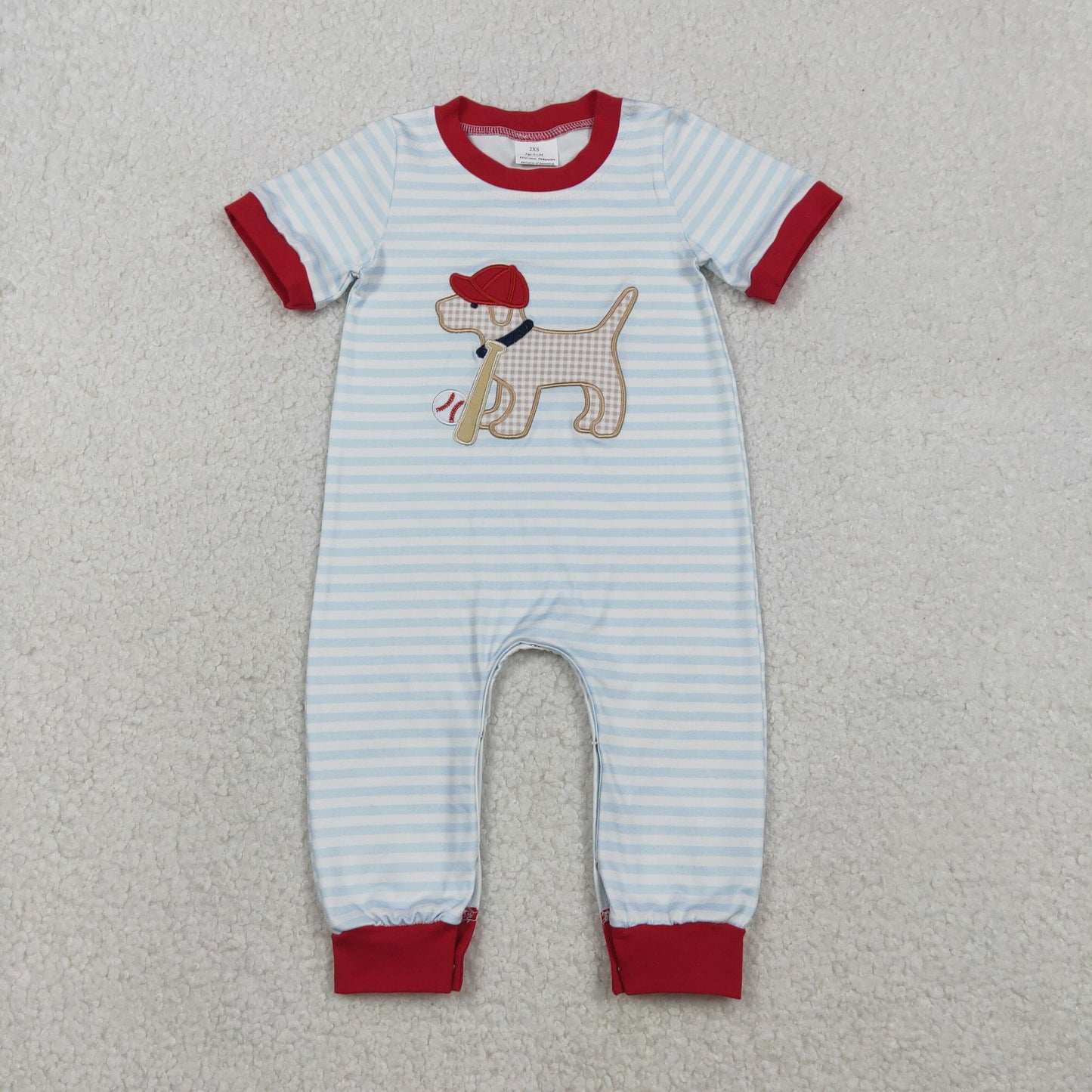 12.2 RTS NO MOQ （In stock）SR3330 Baby Boys Rompers Embroidery Dog Baseballs Baby Boys Stripe Team Footie Rompers