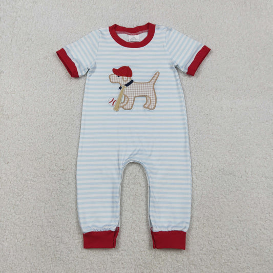 12.2 RTS NO MOQ （In stock）SR3330 Baby Boys Rompers Embroidery Dog Baseballs Baby Boys Stripe Team Footie Rompers