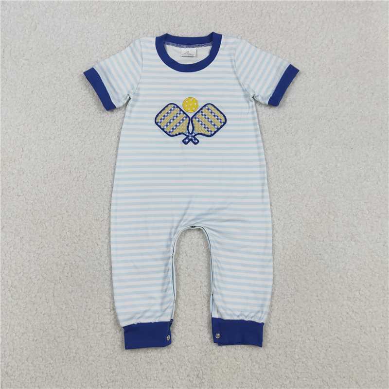 11.29 RTS NO MOQ （In stock）SR3331 Baby Boys Rompers Embroidery Tennis Balls Baby Boys Stripe Team Footie Rompers