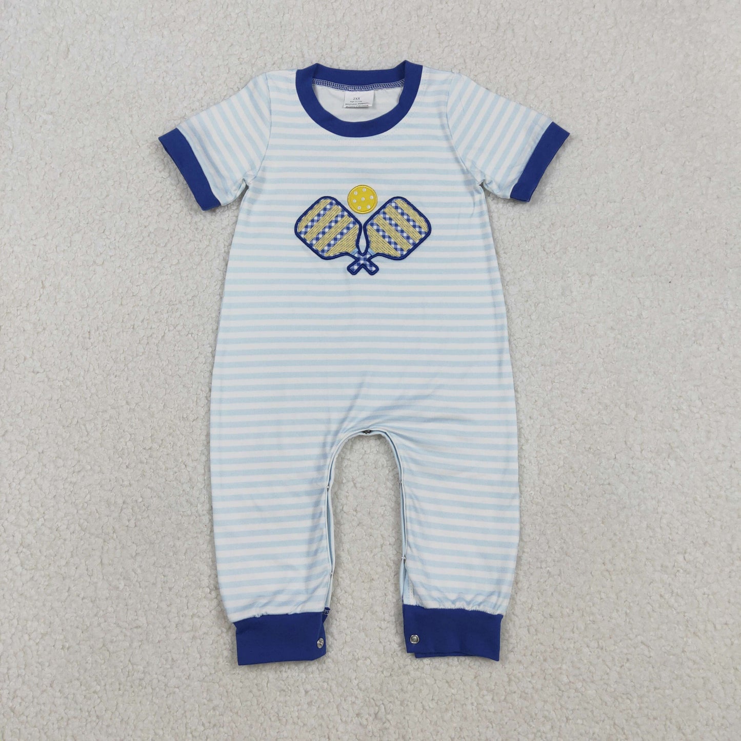 12.2 RTS NO MOQ （In stock）SR3331 Baby Boys Rompers Embroidery Tennis Balls Baby Boys Stripe Team Footie Rompers