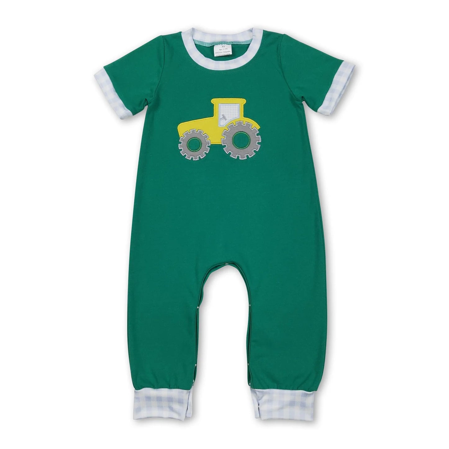 12.13 RTS Sibling Sibling Baby Boys Green Embroidery Trucks Checked Pockets Pants Farm Set Footie Rompers