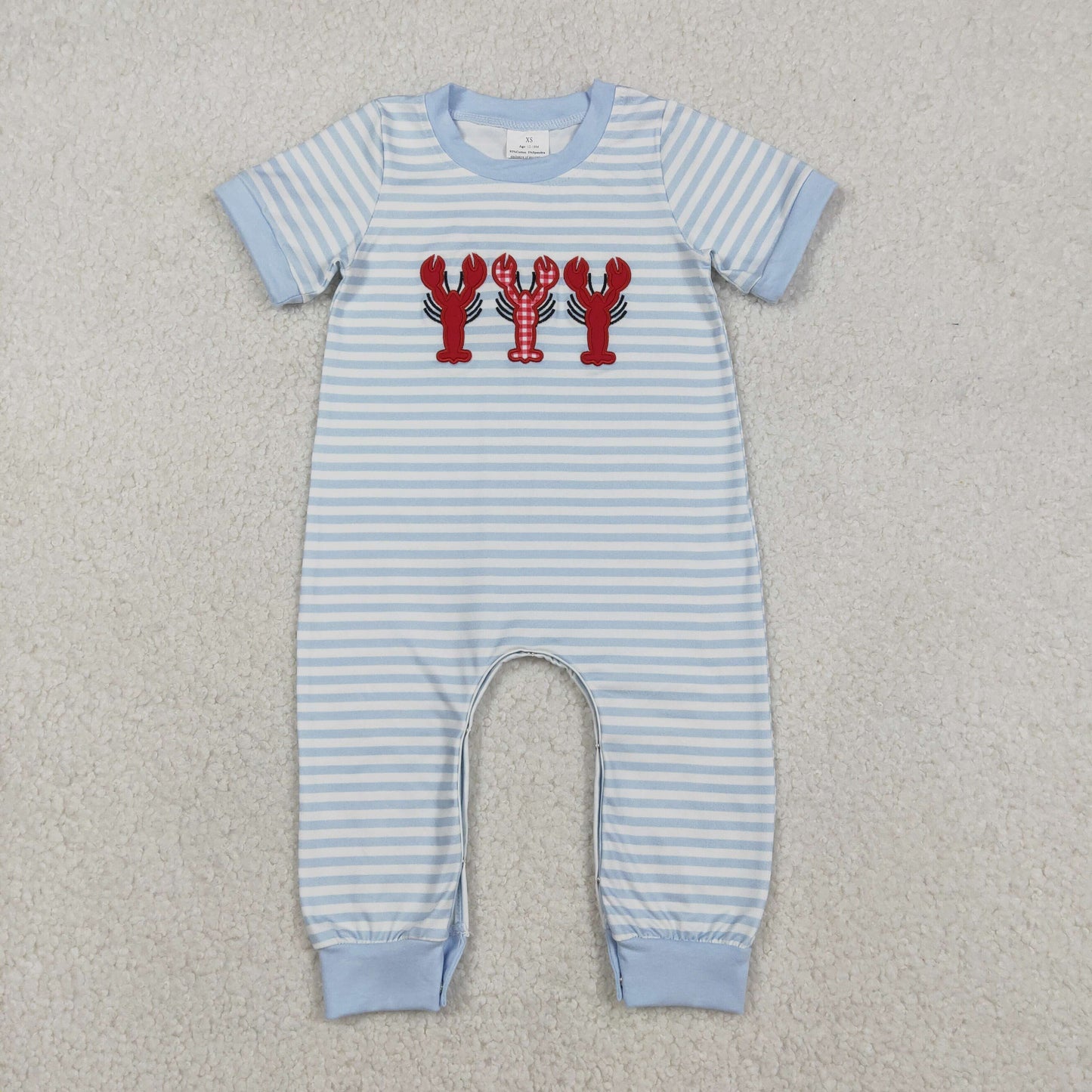 12.12 RTS NO MOQ （In stock）SR3333 Baby Boys Rompers Embroidery Crayfishes Baby Boys Grey Stripe Footie Rompers
