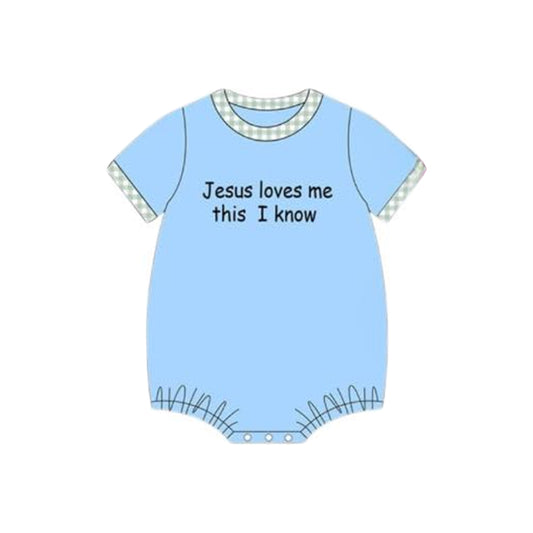 10.22 SR3342 Pre order No Moq Baby Boys Blue Short Sleeve Jesus Love Me Rompers