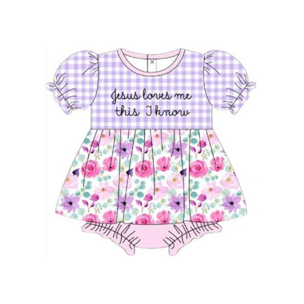10.22 SR3343 Pre order No Moq Baby Girls Lavender Ruffle Sleeve Floral Jesus Love Me Rompers