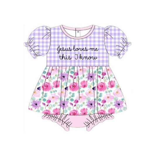 10.22 SR3343 Pre order No Moq Baby Girls Lavender Ruffle Sleeve Floral Jesus Love Me Rompers
