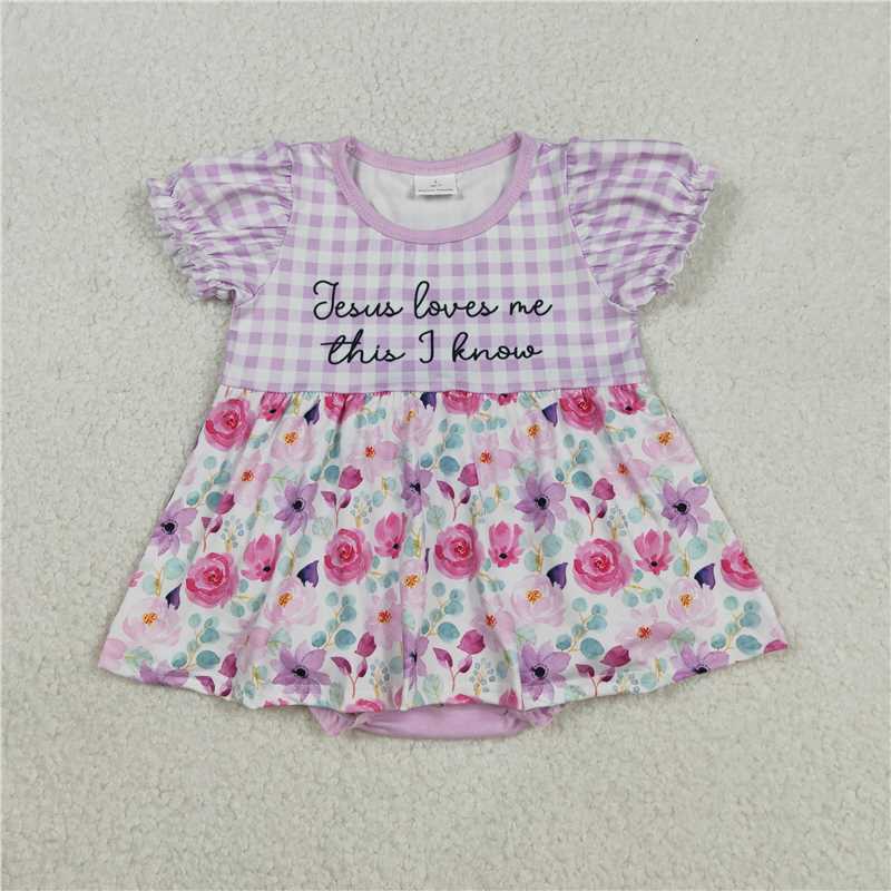 11.29 RTS NO MOQ （In stock）SR3343 Baby Girls Summer Rompers Baby Girls Jesus Love Me Floral Tunic Bummies Ruffle Rompers