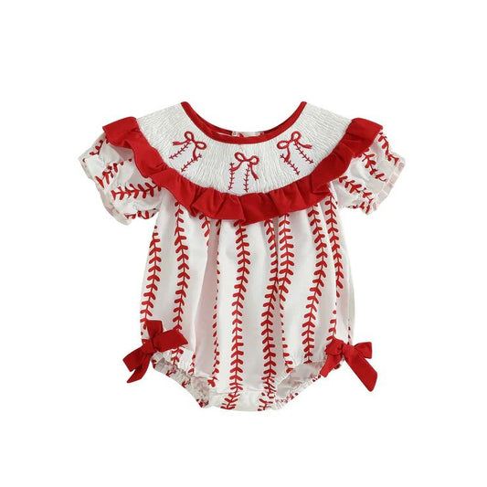 10.22 SR3345 Pre order No Moq Baby Girls Red Baseballs Stripe Team Ruffle Rompers