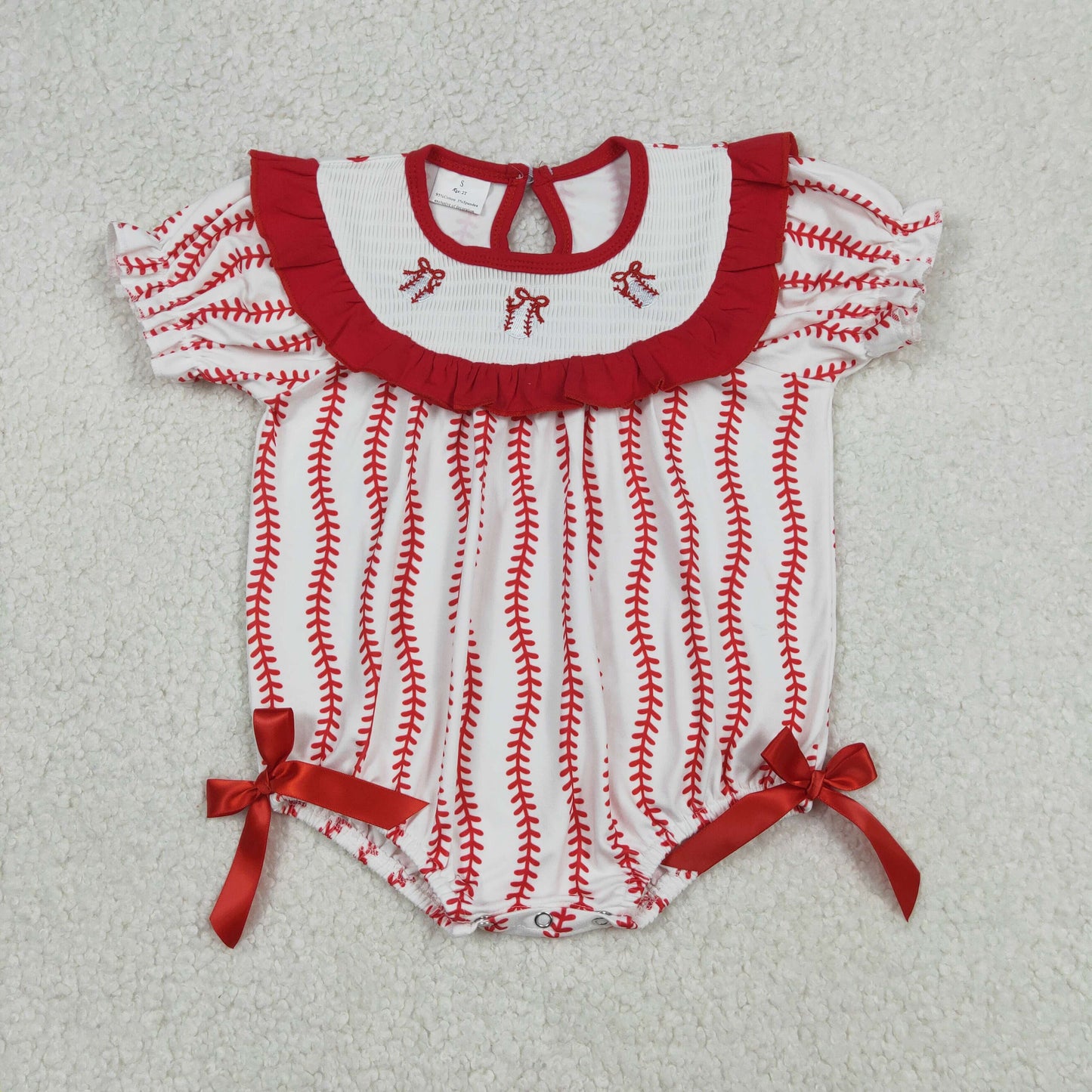 12.25 RTS NO MOQ （In stock）SR3345 Smocked Baseballs Bows Baby Girls Red Stripe Team Ruffle Rompers