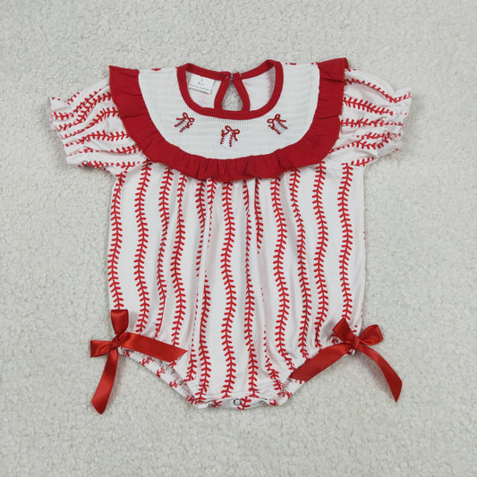 12.25 RTS NO MOQ （In stock）SR3345 Smocked Baseballs Bows Baby Girls Red Stripe Team Ruffle Rompers
