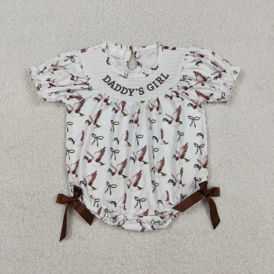 12.16 RTS Sibling Smocked Daddy's Girl Baby Girls Bows Ducks Hunting Knee Length Dress Rompers