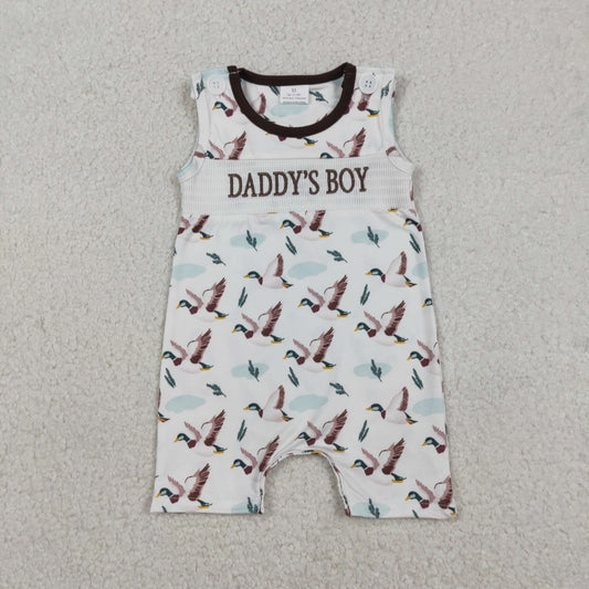 12.18 RTS NO MOQ （In stock）SR3347 Baby Boys Rompers Smocked Daddy's Boy Baby Sleeveless Ducks Hunting Short Rompers