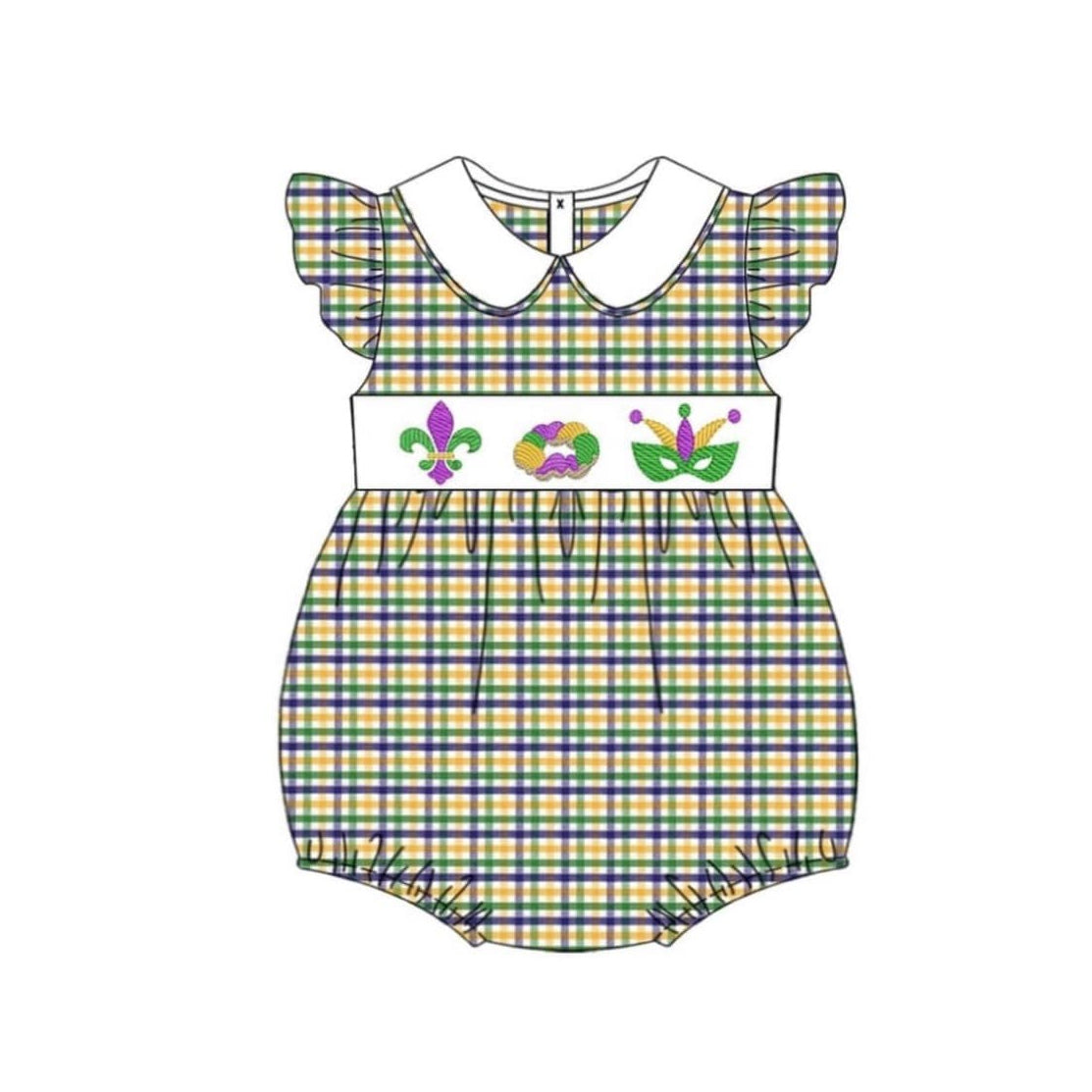 10.23 (Pre Order) No moq SR3350 PRE-ORDER Baby Girls Mardigras Checked Anchor Donuts Ruffle Rompers