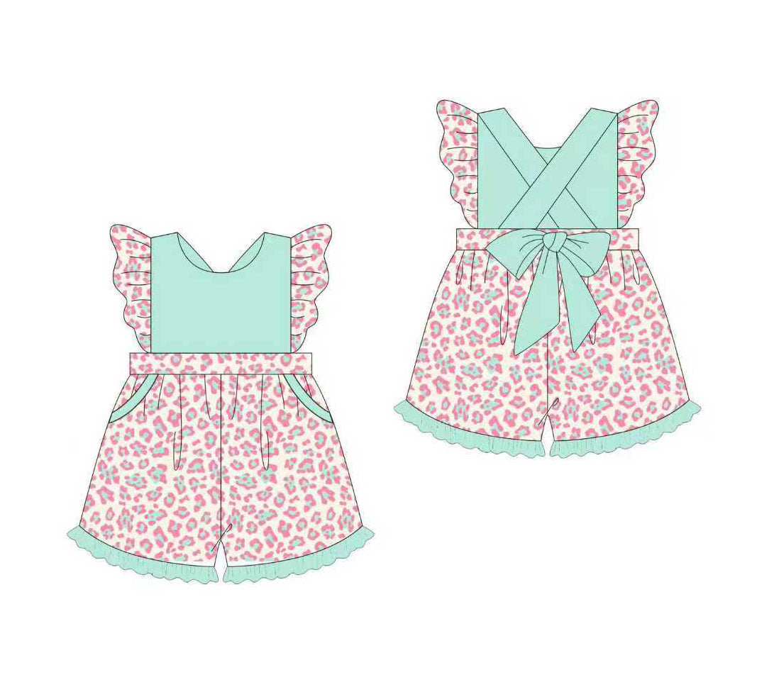 10.23 (Pre Order) No moq SR3356 PRE-ORDER Baby Girls Pink Leopard Back Bows Pockets Shorts Jumpsuits