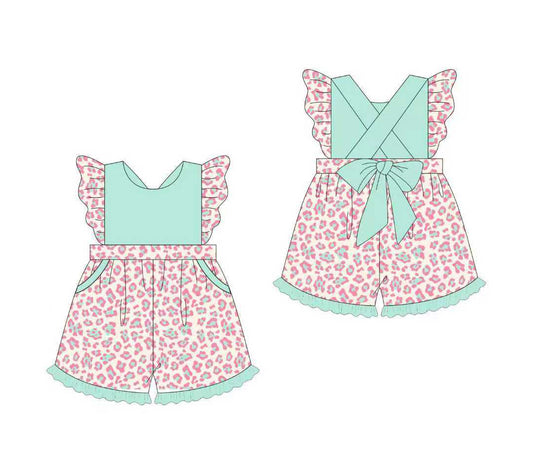 10.23 (Pre Order) No moq SR3356 PRE-ORDER Baby Girls Pink Leopard Back Bows Pockets Shorts Jumpsuits