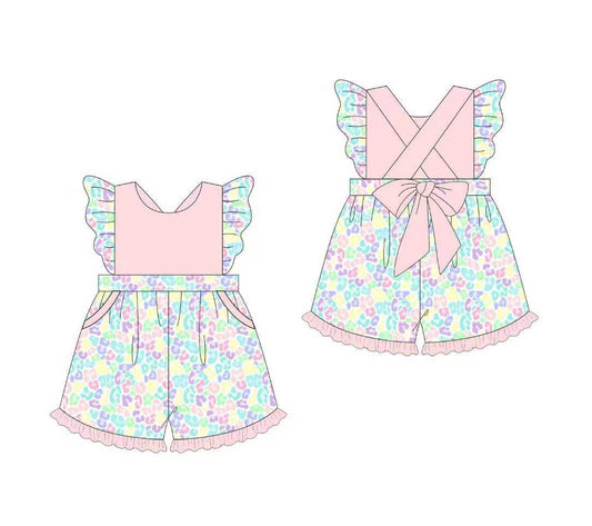 10.23 (Pre Order) No moq SR3357 PRE-ORDER Baby Girls Colorful Leopard Back Bows Pockets Shorts Jumpsuits