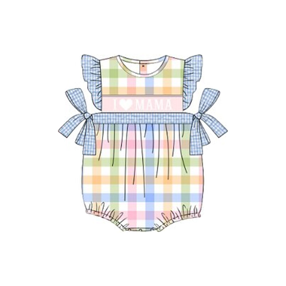 10.23 (Pre Order) No moq SR3359 PRE-ORDER Baby Girls Flutter Sleeve Colorful Checked I Love Mama Bows Ruffle Rompers