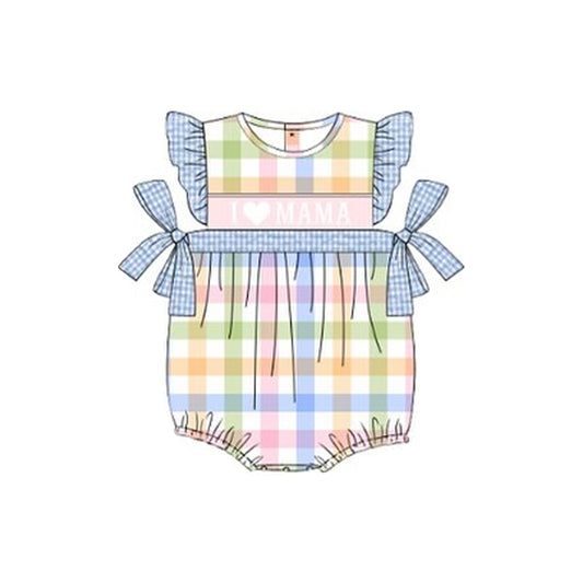 10.23 (Pre Order) No moq SR3359 PRE-ORDER Baby Girls Flutter Sleeve Colorful Checked I Love Mama Bows Ruffle Rompers
